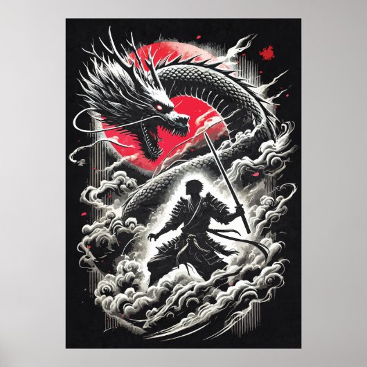 Poster Dragon vs Samurai Warrior - Japanese Tattoo (Devant)