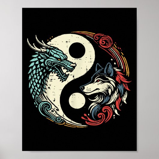 Poster Dragon Wolf Yin Yang Chinois Mythique Zen Hommes F (Devant)