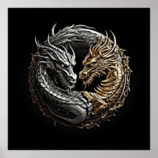 Poster Dragon Yin Yang Art Or et argent (Devant)