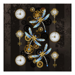 Poster Dragonflies de Steampunk sur arrière - plan rayé b