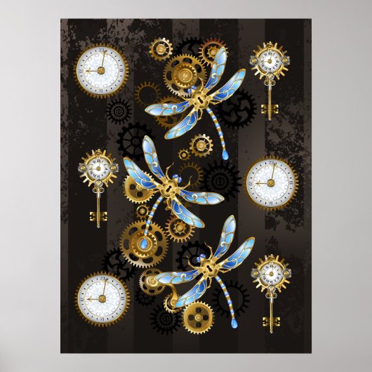 Poster Dragonflies de Steampunk sur arrière - plan rayé b (Devant)