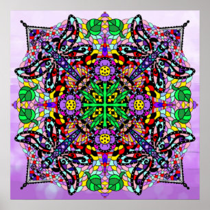 Poster Dragonfly colorée et fleurs Thème Mandala Art