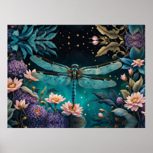 Poster Dragonfly dans un jardin fleuri la nuit