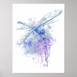 Poster Dragonfly originale aquarelle dans Blue Mauve Natu