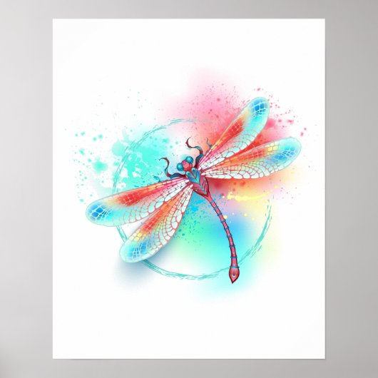Poster Dragonfly rouge sur l'arrière - plan aquarelle (Devant)