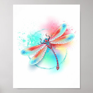Poster Dragonfly rouge sur l'arrière - plan aquarelle