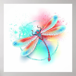 Poster Dragonfly rouge sur l'arrière - plan aquarelle