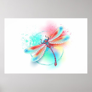 Poster Dragonfly rouge sur l'arrière - plan aquarelle