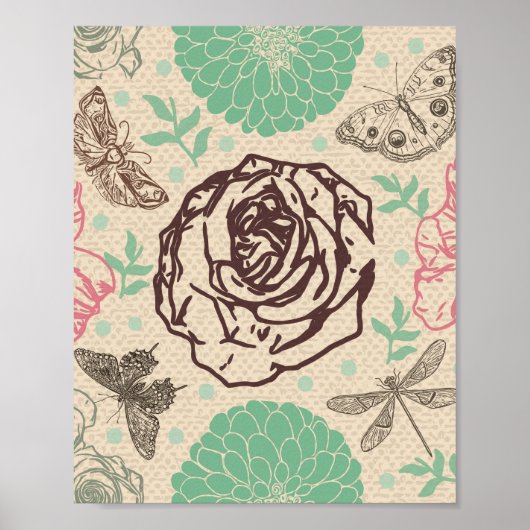 Poster Dragonfly Vintage Rose (Devant)