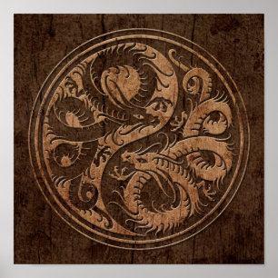 Poster Dragons chinois Yin Yang avec effet Grain de Bois