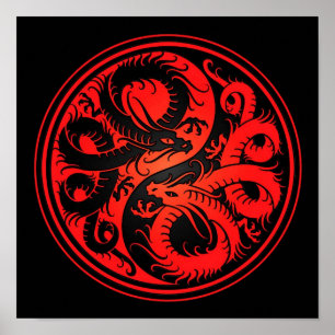Poster Dragons chinois Yin Yang rouges et noirs