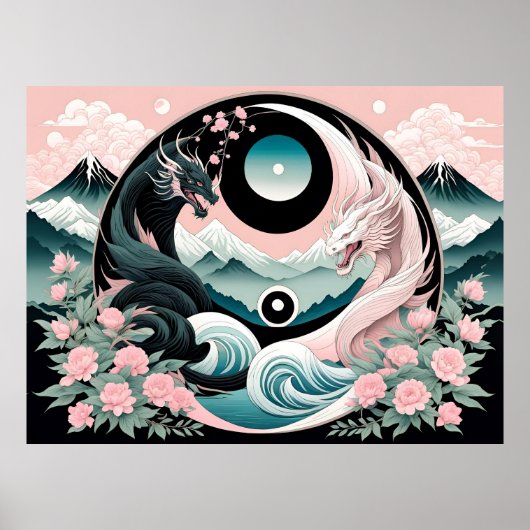 Poster Dragons Floral Mountain Rose Sage Turquoise (Devant)