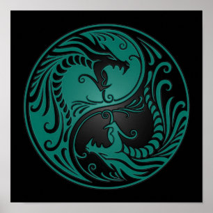 Poster Dragons turquoises de Yin Yang en bleu et noir