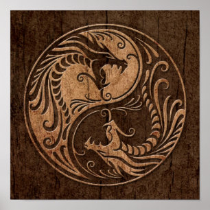 Poster Dragons Yin Yang avec effet Grain de Bois