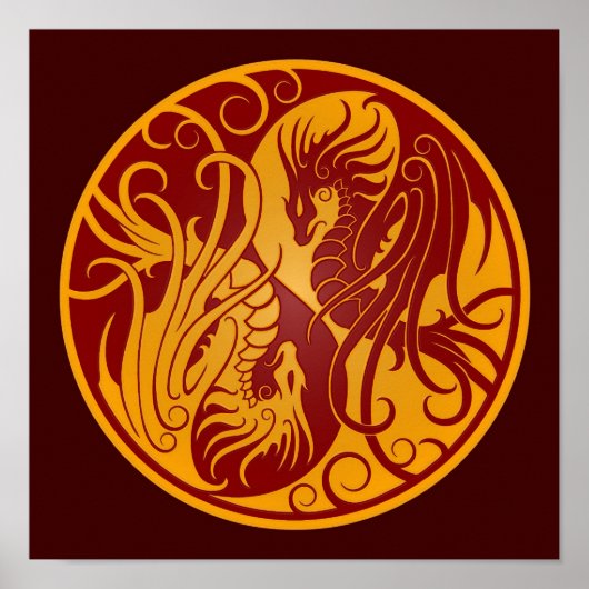 Poster Dragons Yin Yang Jaune et Rouge volant (Devant)