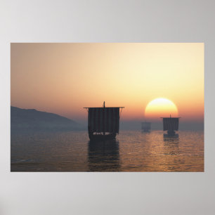 Poster Drakkars de Viking au coucher du soleil