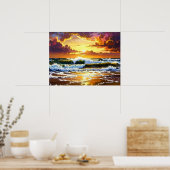 Poster Dramatic Ocean Waves on the Beach Sunset Art (Cuisine)