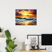 Poster Dramatic Ocean Waves on the Beach Sunset Art (Bureau à domicile)