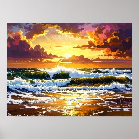 Poster Dramatic Ocean Waves on the Beach Sunset Art (Devant)