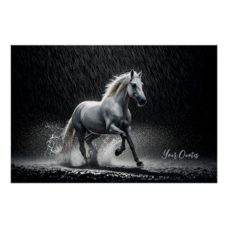 Poster Dramatic White Horse Galloping in Rain