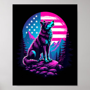 Poster Drapeau américain 4 juillet hurlant loup sous l'US