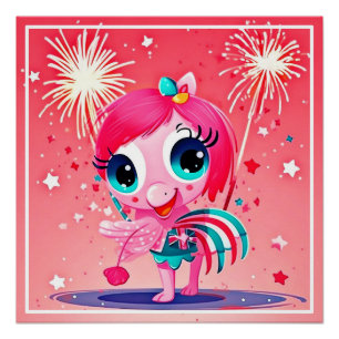 Poster Drapeau américain avec Flamant rose Cartoon-69217