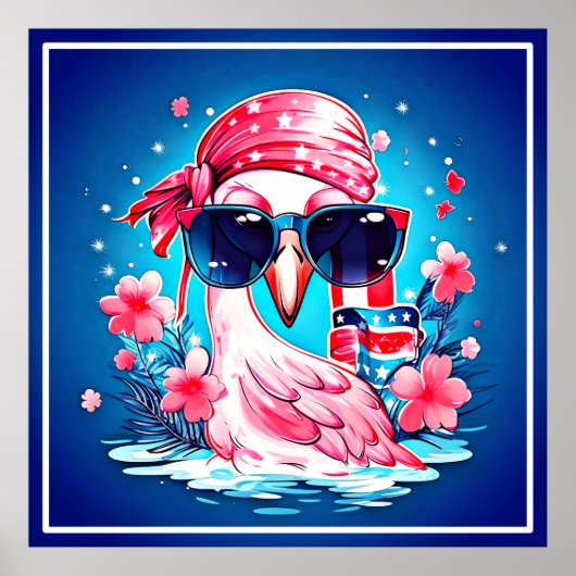 Poster Drapeau américain avec Flamant rose Cartoon-69681 (Devant)