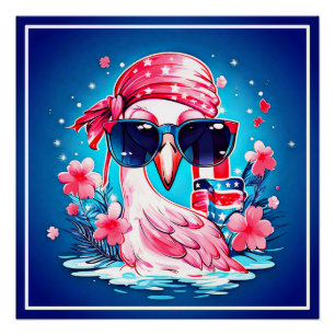 Poster Drapeau américain avec Flamant rose Cartoon-69681