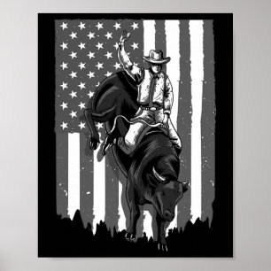 Poster Drapeau américain Bull Riding Cowboy 4 juillet Pat