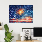 Poster Drapeau américain et feux d'artifice.  (Bureau à domicile)