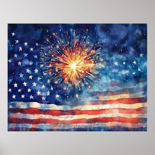 Poster Drapeau américain et feux d'artifice.  (Devant)
