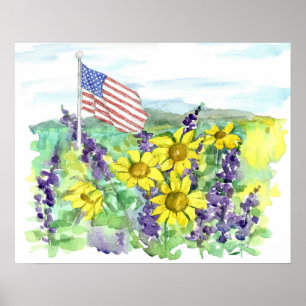 Poster Drapeau américain Fleurs sauvages du désert Aquare