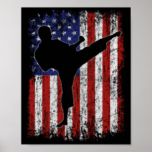 Poster Drapeau Américain High Kick Karate Silhouette Part