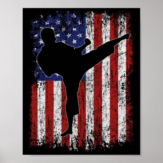 Poster Drapeau Américain High Kick Karate Silhouette Part (Devant)