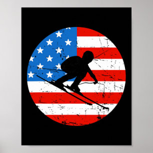 Poster Drapeau Américain Neige Ski Ski Alpin Skieur Silho