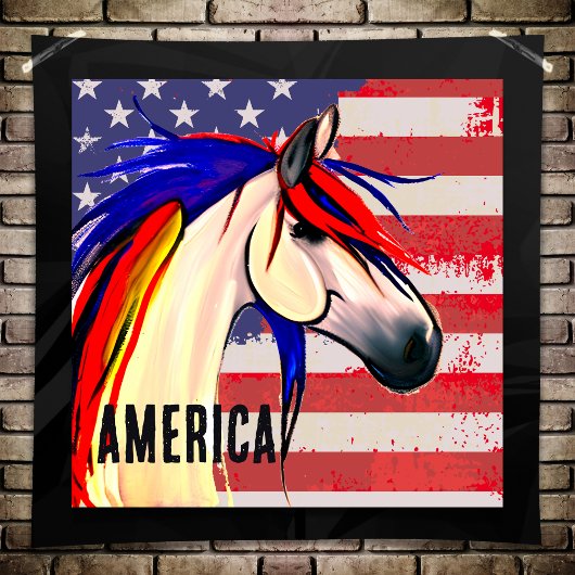 Poster Drapeau américain patriotique Cheval rouge blanc e