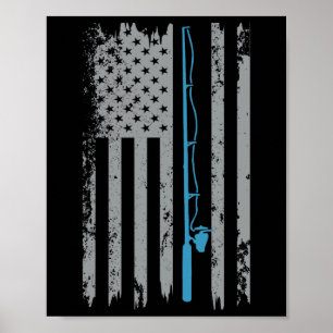 Poster Drapeau Américain Pêche Poisson Vintage Pêcheur