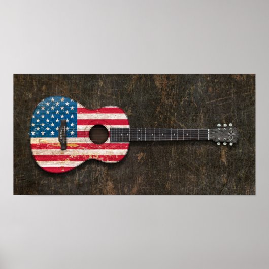Poster Drapeau américain rayé et usé Guitare acoustique (Devant)