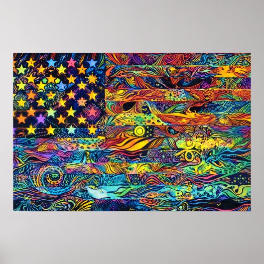 Poster Drapeau américain rétro des années 60 Art psychédé (Devant)