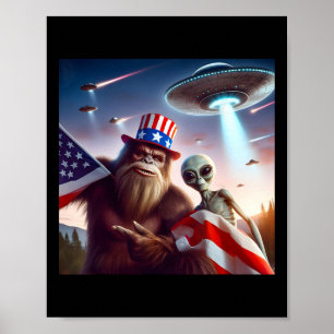 Poster Drapeau Américain Sasquatch Avec Alien Ufo Bigfoot