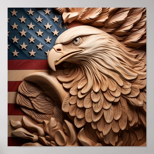 Poster drapeau américain sculpté sur bois, aigle chauve (Devant)