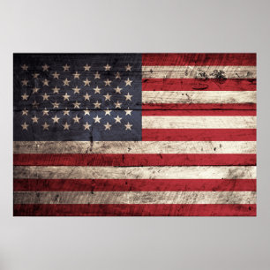 Poster Drapeau américain sur le vieux grain en bois