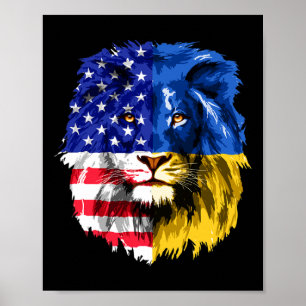 Poster Drapeau américain ukrainien Ukraine Lion Visage Ét