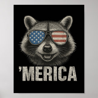 Poster Drapeau américain vintage Merica Racoon 4 juillet