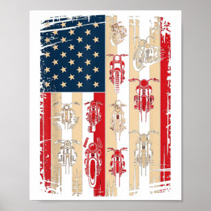 Poster Drapeau Américain Vintage Moto Biker Usa 4 Juillet