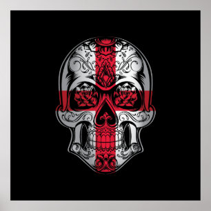 Poster Drapeau Anglais Crâne Et Rose