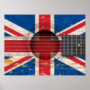 Poster Drapeau britannique sur la vieille guitare