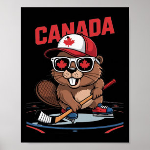 Poster Drapeau canadien Feuille d'érable Castor Bâton de