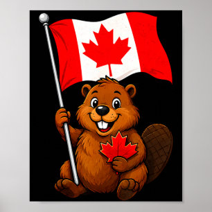 Poster Drapeau de castor mignon feuille d'érable patrioti