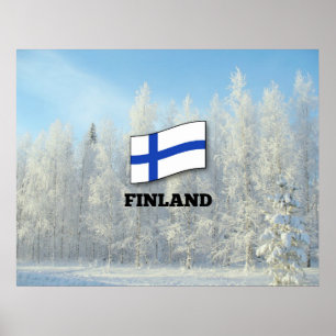 Poster Drapeau de Finlande, Pins couverts de neige